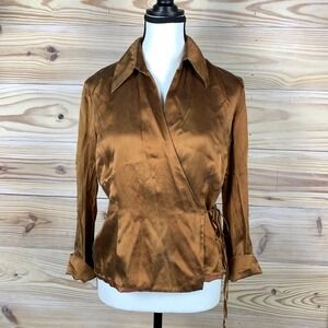 icE Wrap Blouse Women Medium Bronze Vintage Silk 3/4 Sleeve Lined Dressy Top